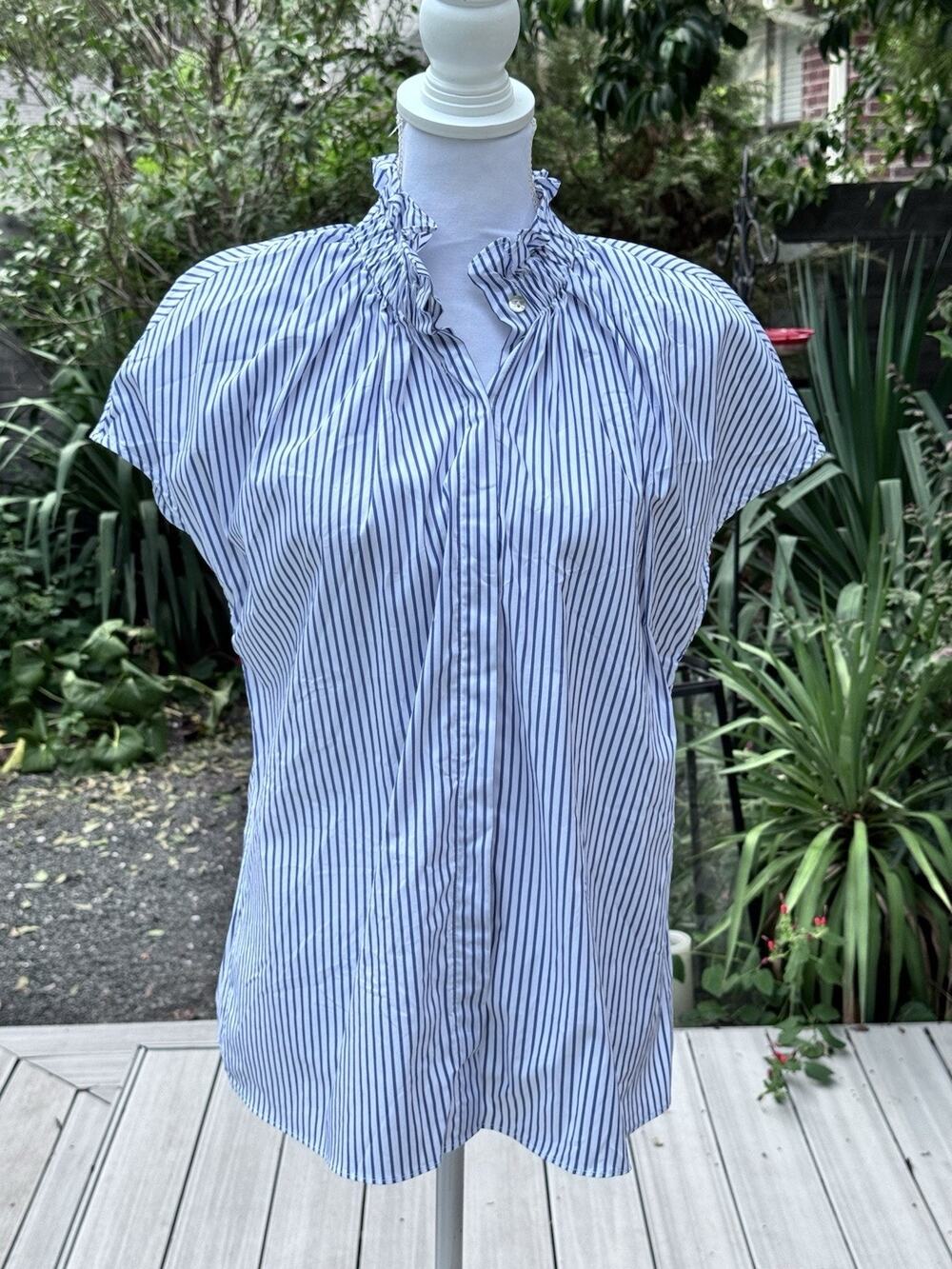 Pomander Place Tuckernuck Women’s M Blue White Striped Ruffle Neck Blouse NWOT